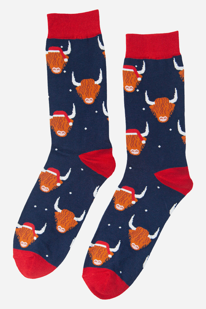 Sock Talk Men's Christmas Bamboo Socks - Navy/Red, Santa Highland Cow