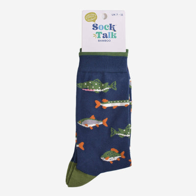 Pair of socks with fish pattern on a white background