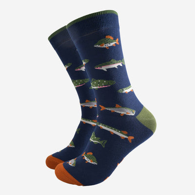 Navy blue socks with fish pattern on a white background