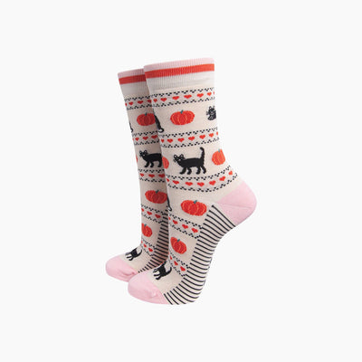 Sock Talk Sock Talk Black Cat & Pumpkin Women's Bamboo Socks in Cream at Bibelot Leek UK Stockist
