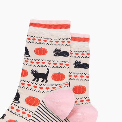 Sock Talk Sock Talk Black Cat & Pumpkin Women's Bamboo Socks in Cream at Bibelot Leek UK Stockist