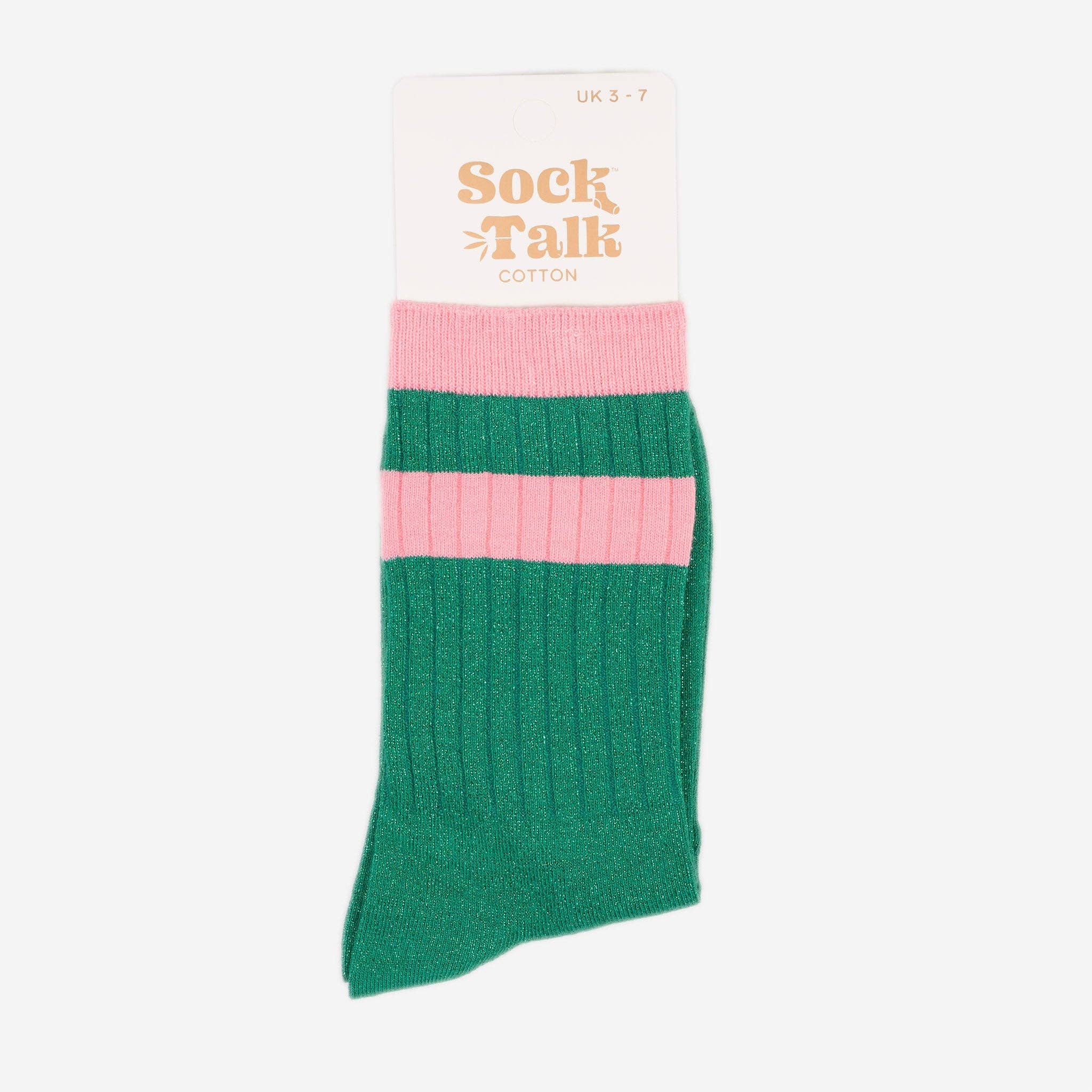 Sock Talk Striped Cuff Ribbed Cotton Glitter Socks in Green/Pink at Bibelot Leek UK Stockist