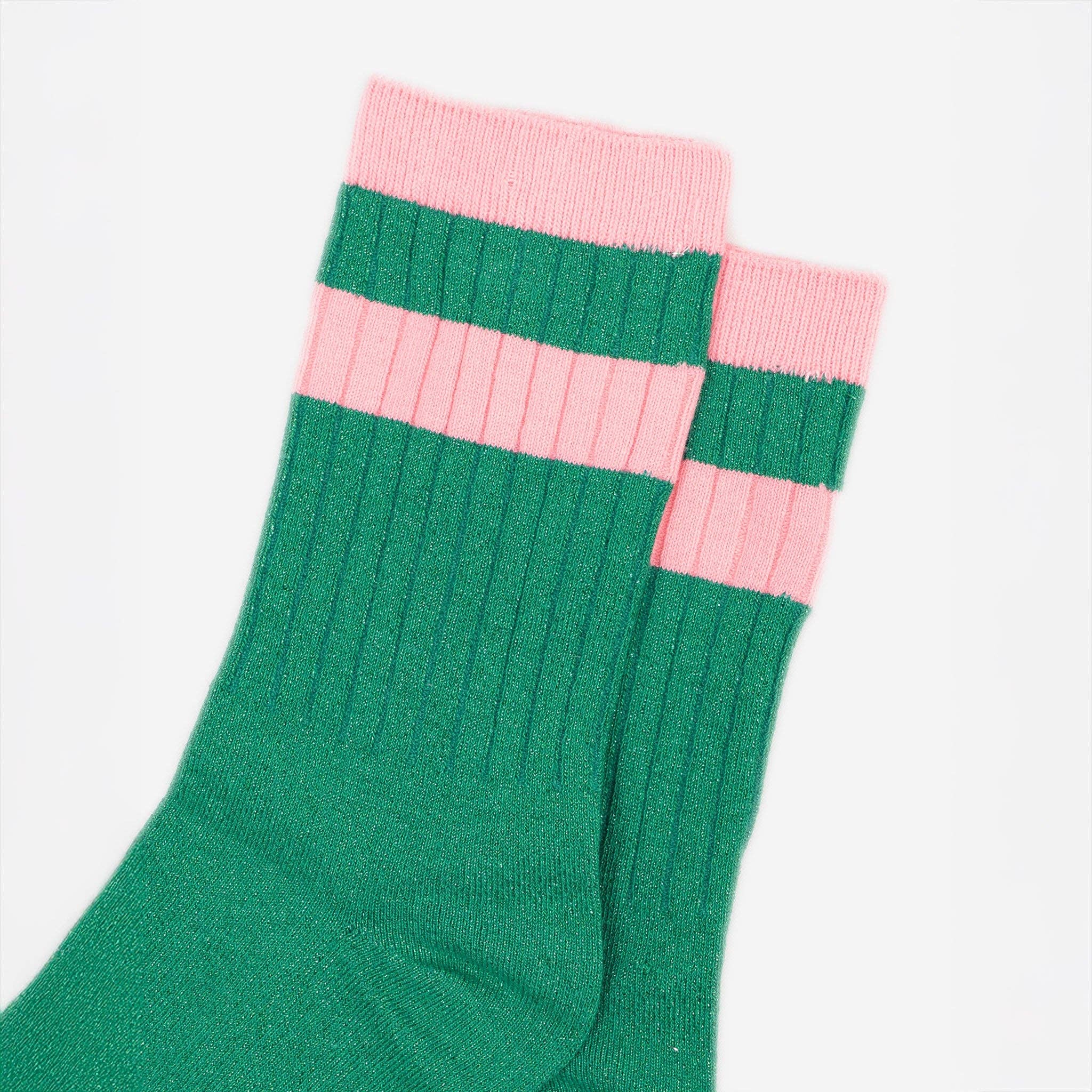 Sock Talk Striped Cuff Ribbed Cotton Glitter Socks in Green/Pink at Bibelot Leek UK Stockist