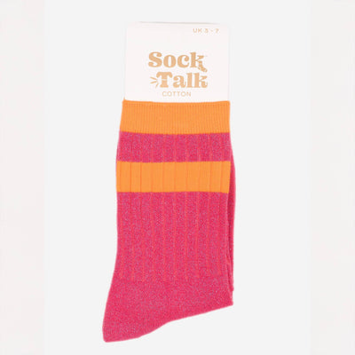Sock Talk Striped Cuff Ribbed Cotton Glitter Socks in Hot Pink/Orange at Bibelot Leek UK Stockist