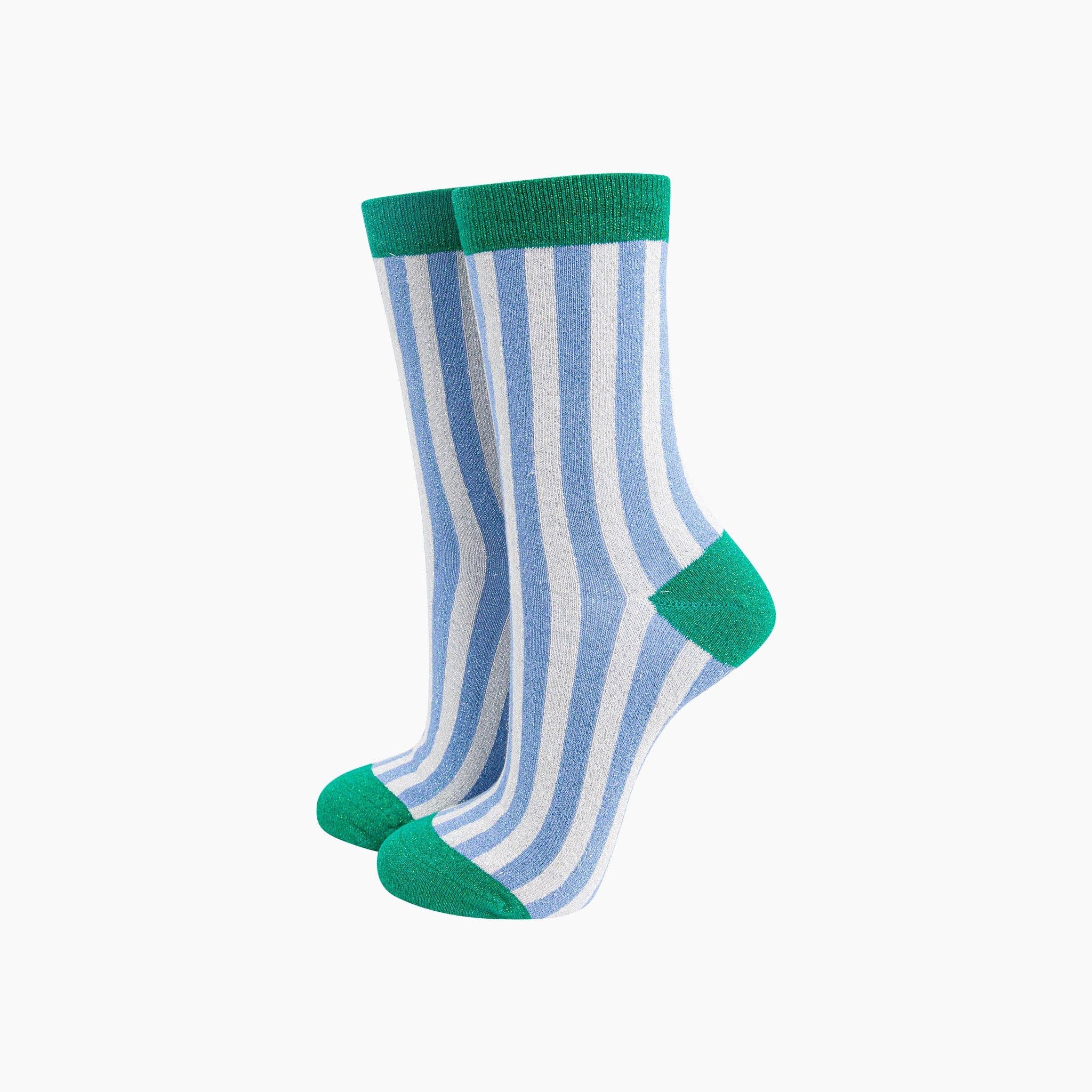 Sock Talk Stripes Combed Cotton Glitter Socks in Blue/Green at Bibelot Leek