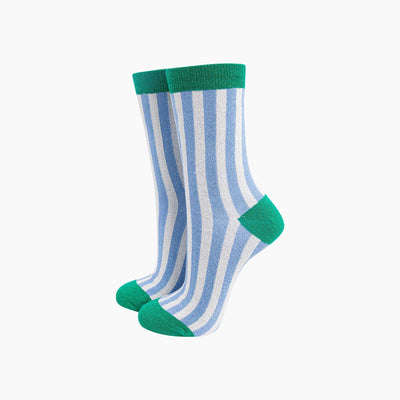 Sock Talk Stripes Combed Cotton Glitter Socks in Blue/Green at Bibelot Leek