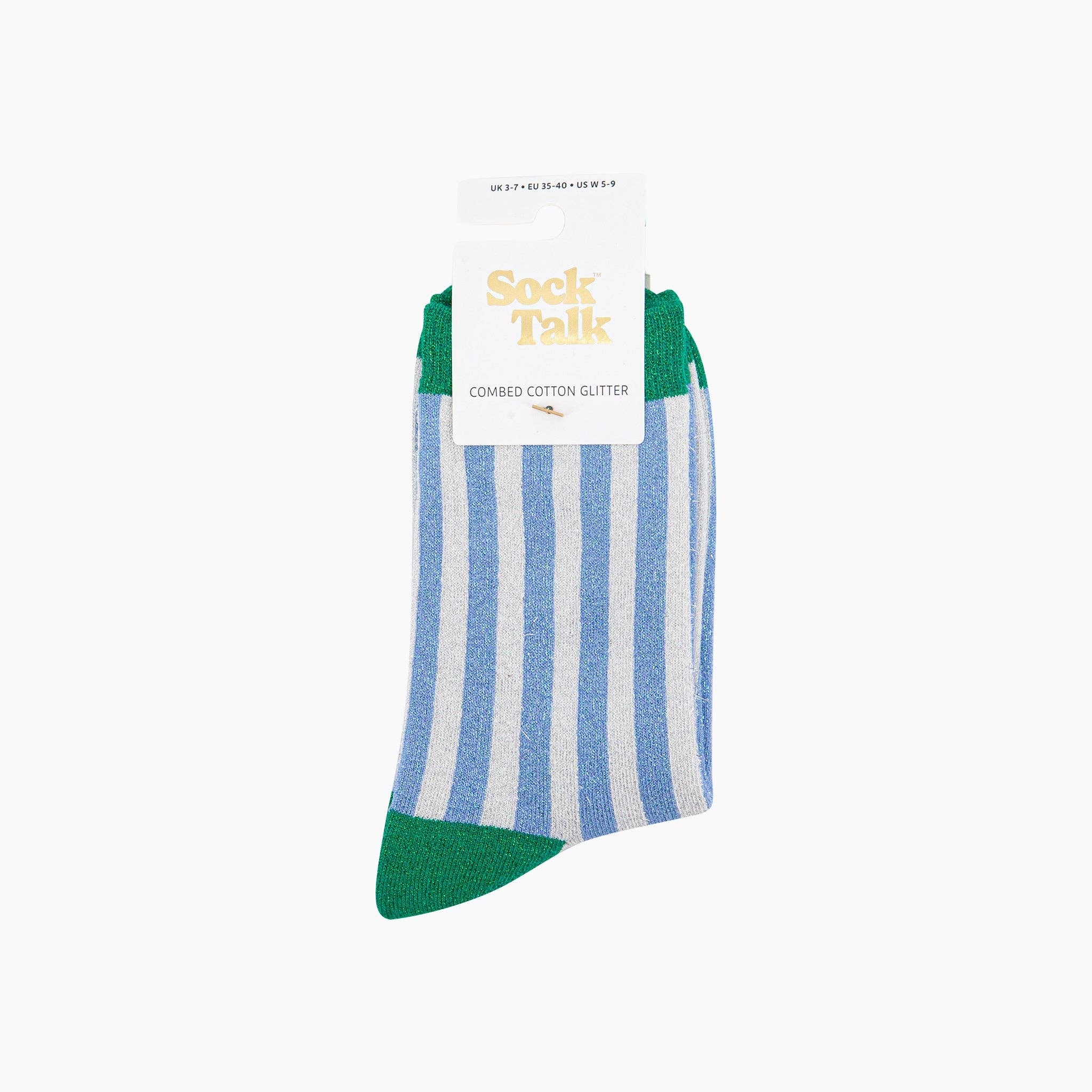 Sock Talk Stripes Combed Cotton Glitter Socks in Blue/Green at Bibelot Leek