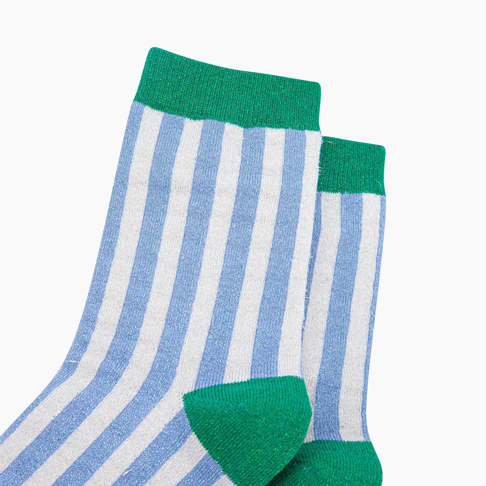 Sock Talk Stripes Combed Cotton Glitter Socks in Blue/Green at Bibelot Leek