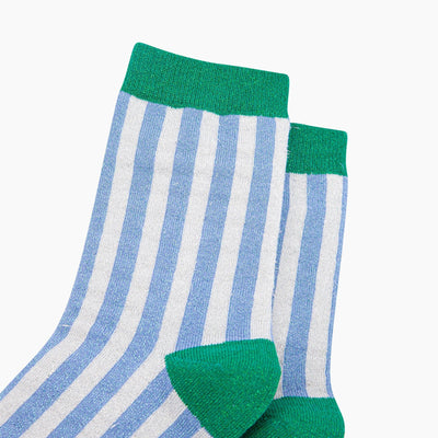 Sock Talk Stripes Combed Cotton Glitter Socks in Blue/Green at Bibelot Leek