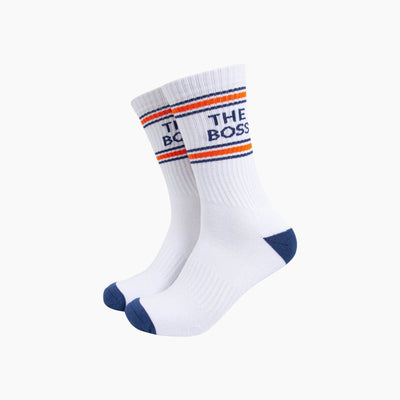 White socks with colorful text and design on a white background