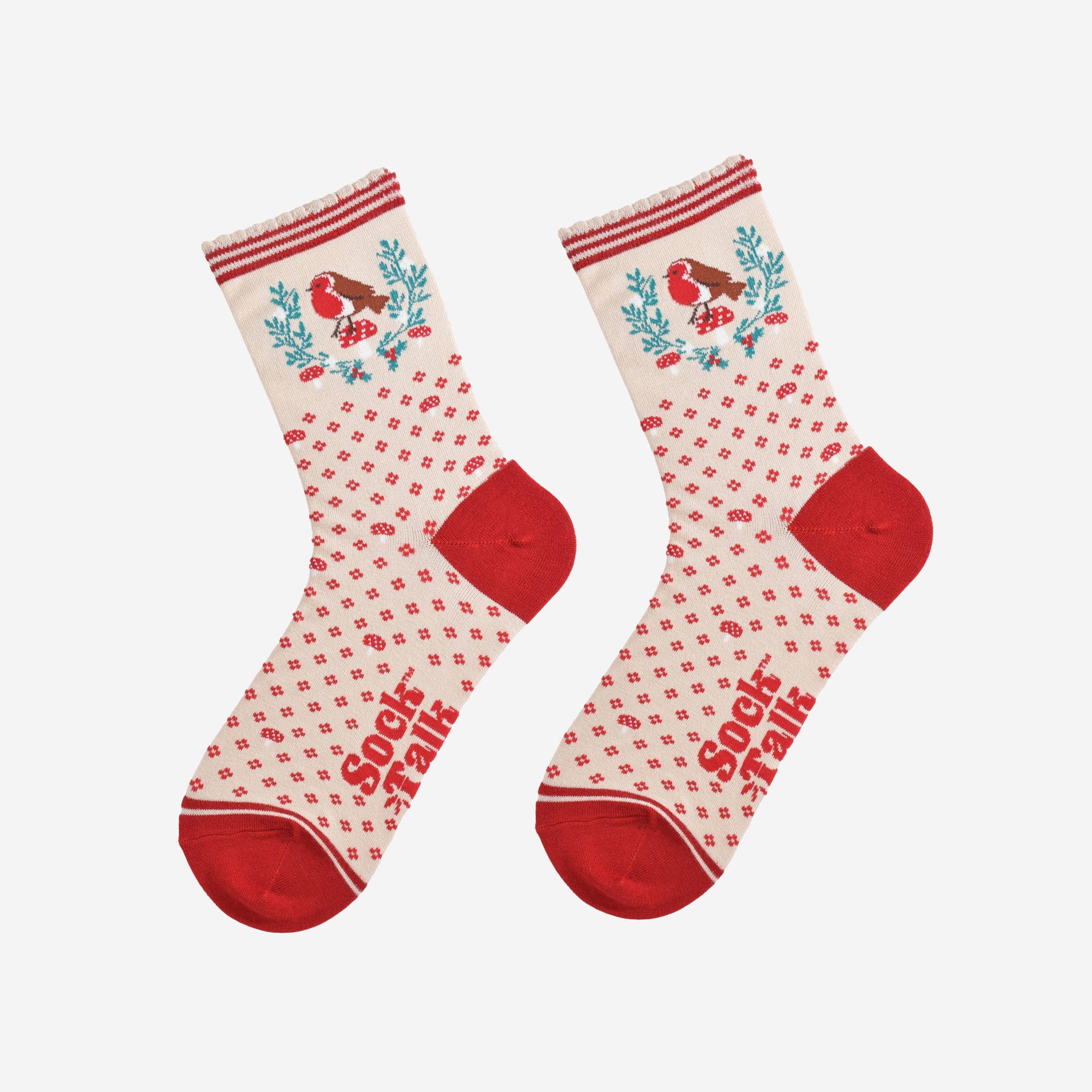 Sock Talk Women's Bamboo Socks - Cream/Red, Christmas Robin Wreath