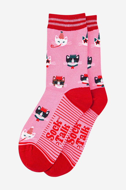 Sock Talk Women's Bamboo Socks - Hot Pink/Red, Party Cats