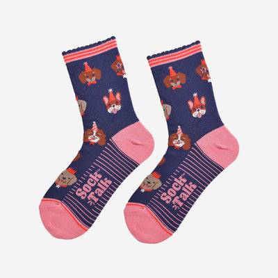 Sock Talk Women's Bamboo Socks - Navy Blue/Pink, Party Dogs
