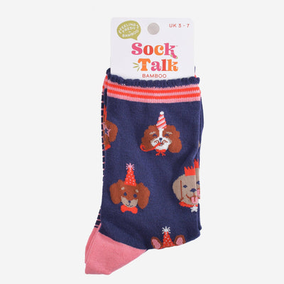 Sock Talk Women's Bamboo Socks - Navy Blue/Pink, Party Dogs