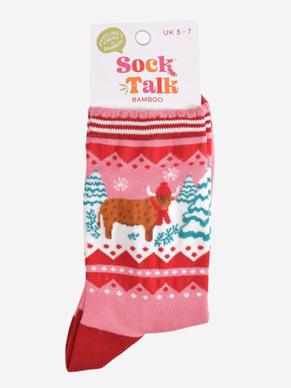 Sock Talk Women's Bamboo Socks - Pink/Red, Christmas Highland Cow