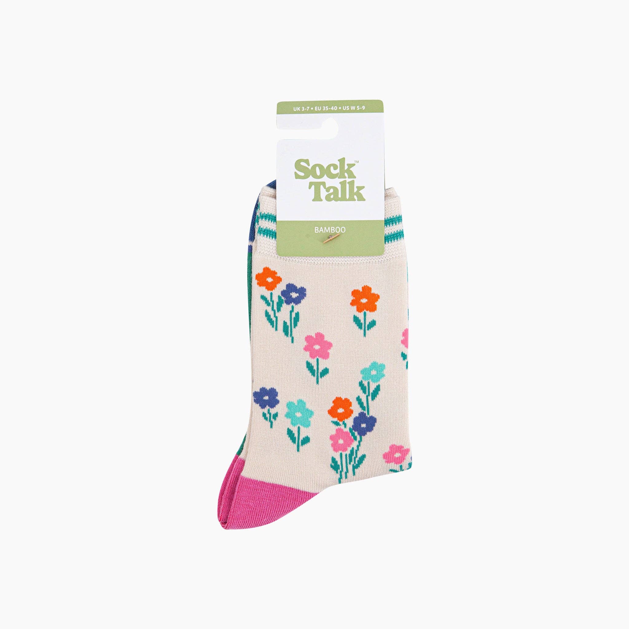 Sock Talk Women's Wildflowers Bamboo Socks in Cream Bibelot Leek