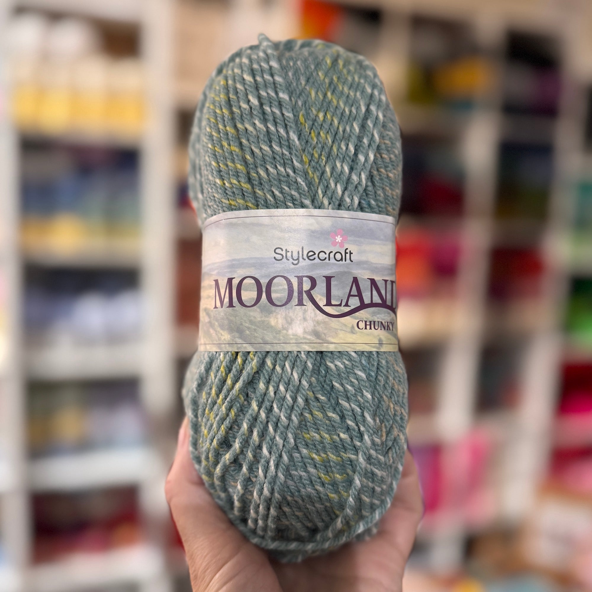 Ball of yarn with a Stylecraft Moorland label held in front of a blurred store shelf.