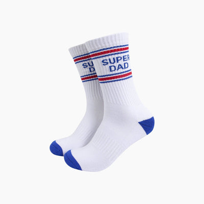 White socks with 'Super Dad' text and blue accents on a white background
