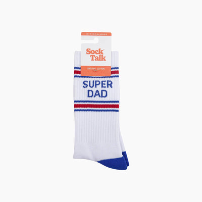 White sock with 'Super Dad' text on a white background