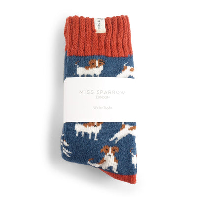 Miss Sparrow Winter Jack Russells Navy Socks Bibelot UK Stockist
