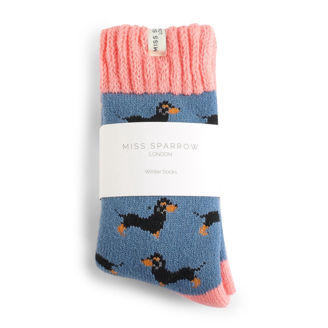 Miss Sparrow Winter Little Sausage Dogs Blue Socks Bibelot UK Stockist