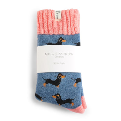Miss Sparrow Winter Little Sausage Dogs Blue Socks Bibelot UK Stockist