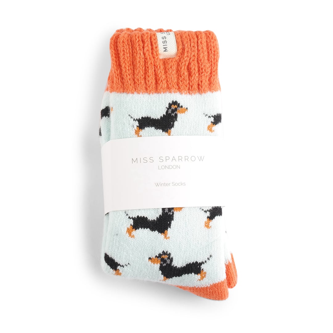 Miss Sparrow Winter Little Sausage Dogs Duck Egg Socks Bibelot UK Stockist