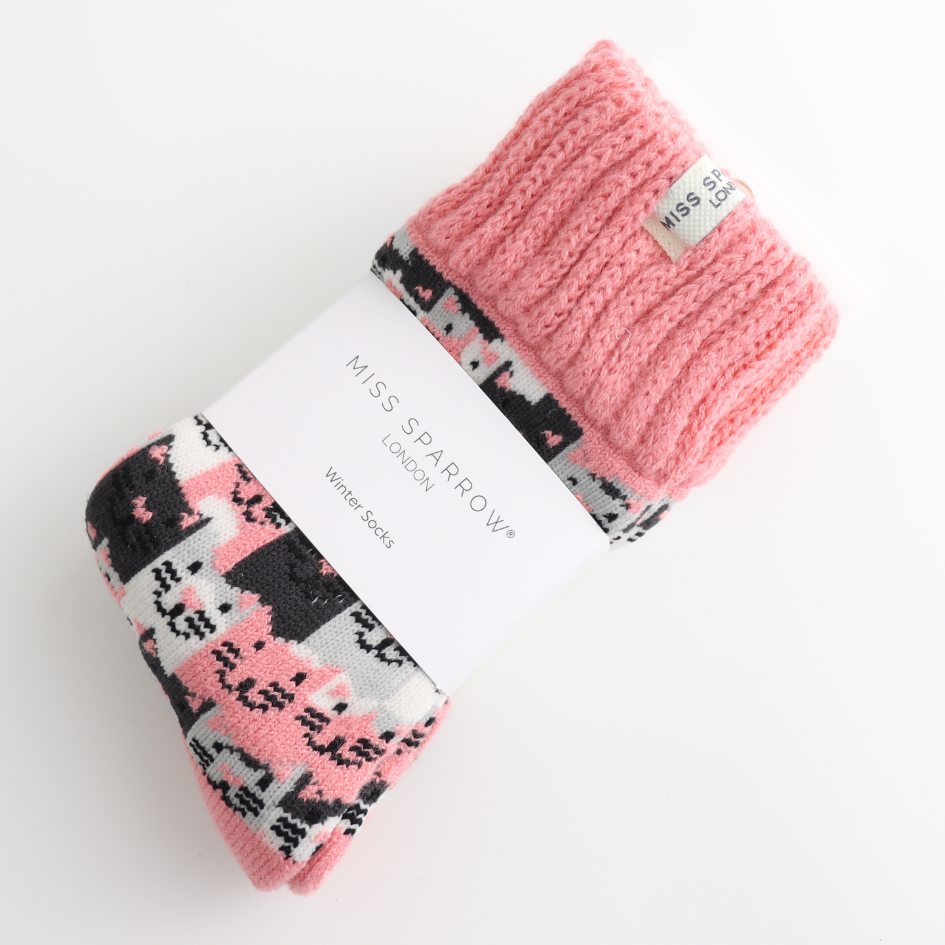 Miss Sparrow Winter Happy Cats Dusky Pink Socks Bibelot UK Stockist