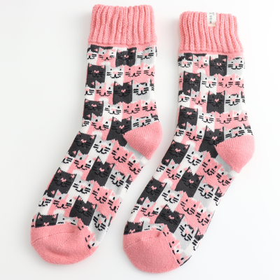 Miss Sparrow Winter Happy Cats Dusky Pink Socks Bibelot UK Stockist