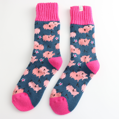 Miss Sparrow Winter Pretty Pigs Navy Socks Bibelot UK Stockist
