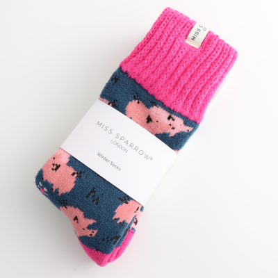 Miss Sparrow Winter Pretty Pigs Navy Socks Bibelot UK Stockist