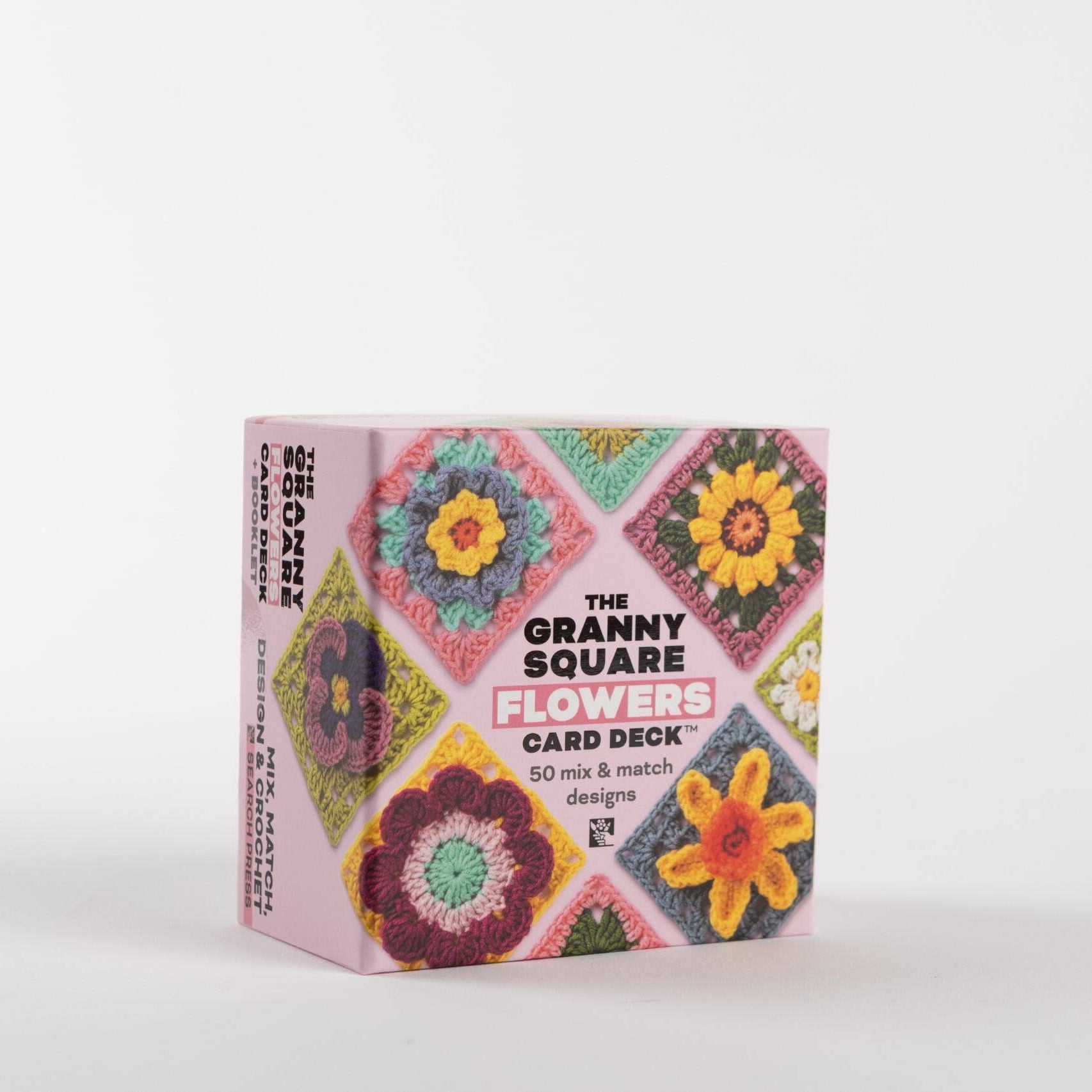 The Granny Square Flowers Card Deck™ Card deck packaging with floral design on a white background
