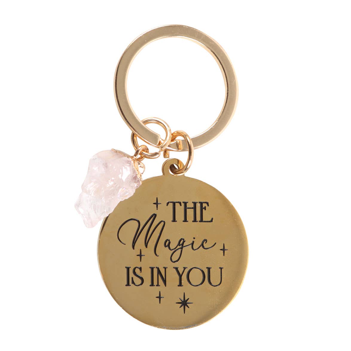 Gold keychain with 'The Magic is in You' text and pink crystal charm on a white background
