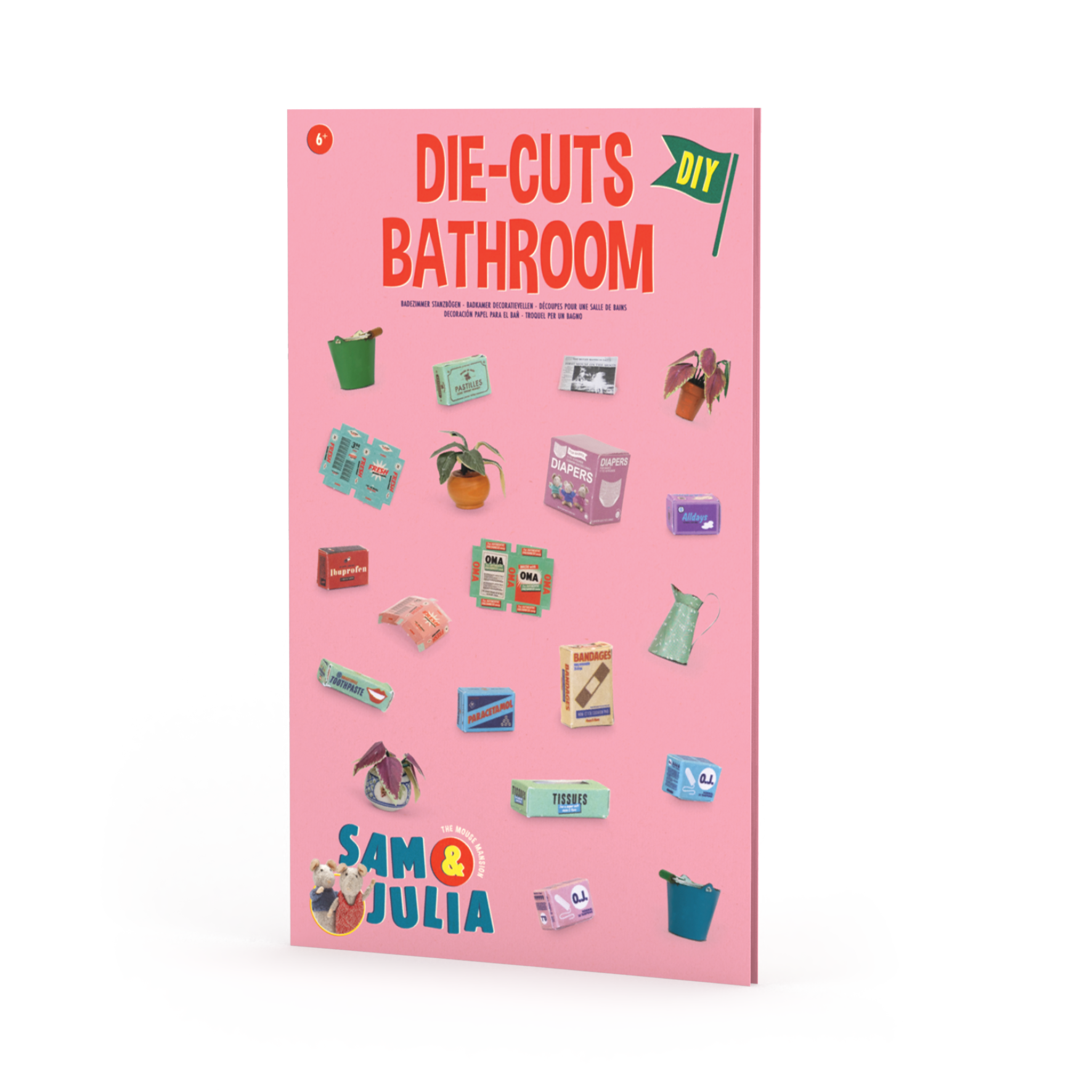 Book cover of 'Die-Cuts Bathroom' by Sam & Julia with illustrations on a pink background