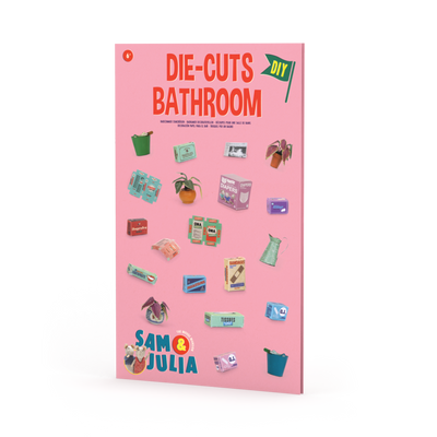 Book cover of 'Die-Cuts Bathroom' by Sam & Julia with illustrations on a pink background