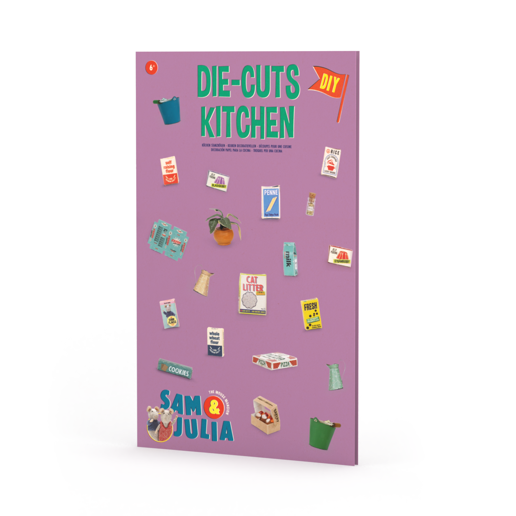 Book cover of 'Die-Cuts Kitchen' by Sam & Julia on a purple background