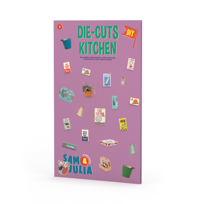 Book cover of 'Die-Cuts Kitchen' by Sam & Julia on a purple background