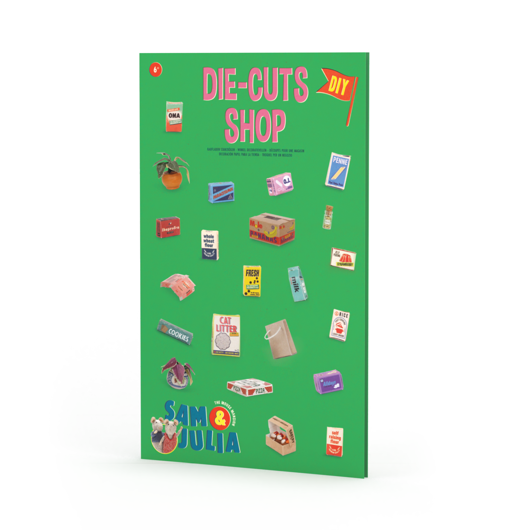 Book cover of 'Die-Cuts Shop' by Sam & Julia with colorful die-cut illustrations on a green background.