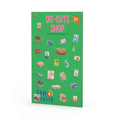 Book cover of 'Die-Cuts Shop' by Sam & Julia with colorful die-cut illustrations on a green background.
