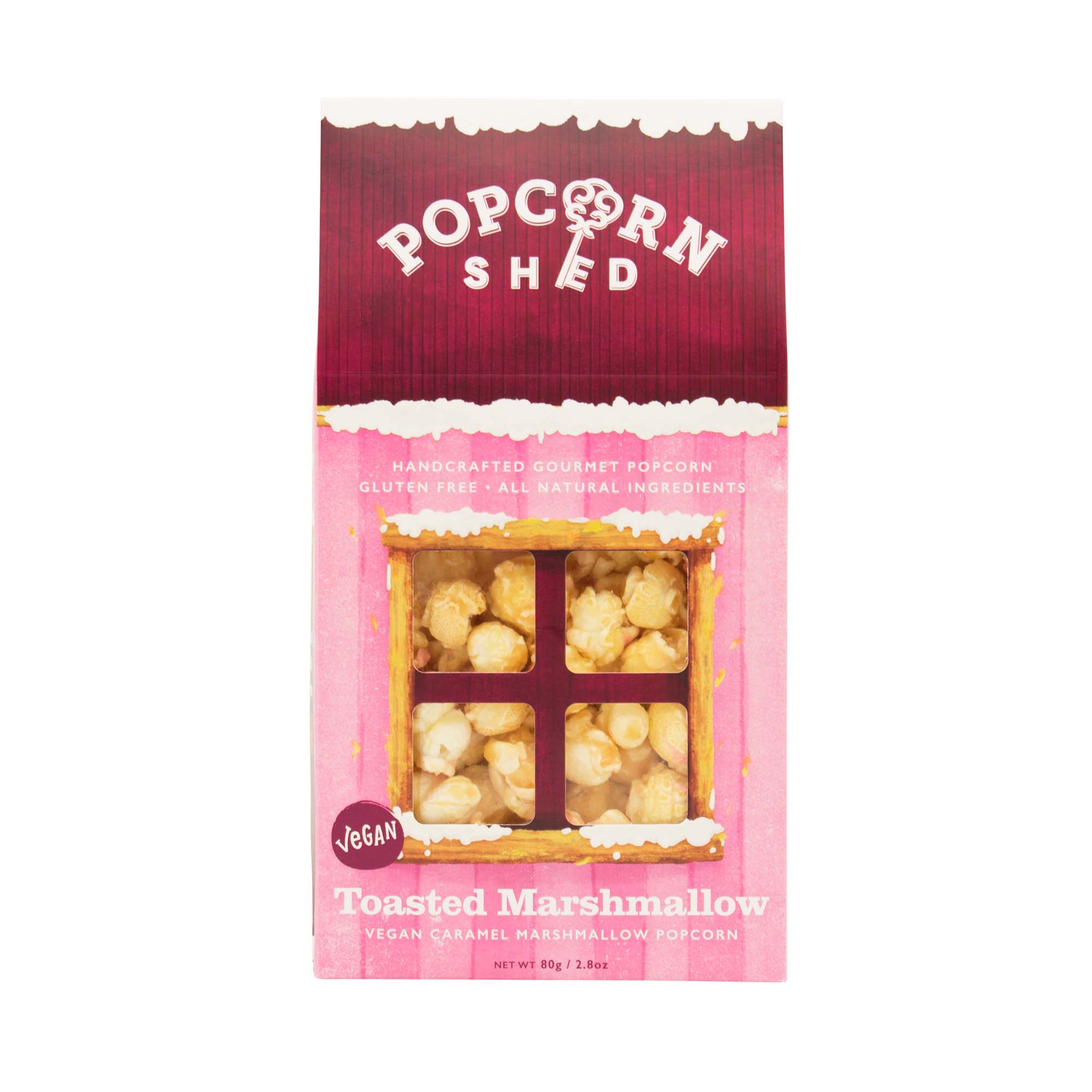 Popcorn Shed toasted marshmallow popcorn packaging on a white background