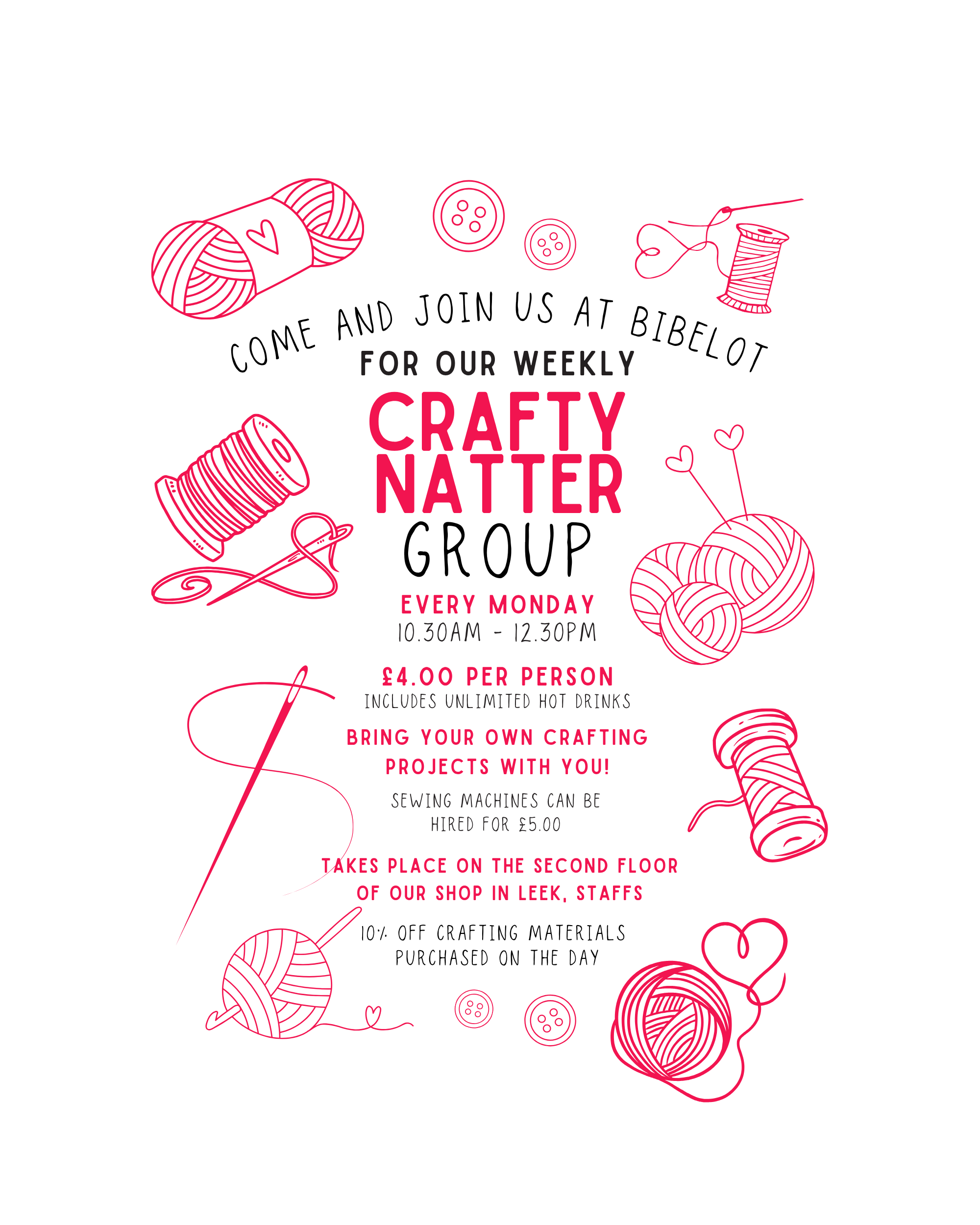 Invitation to a weekly crafty matter group at Bibelot in Leek with yarn and needle illustrations.
