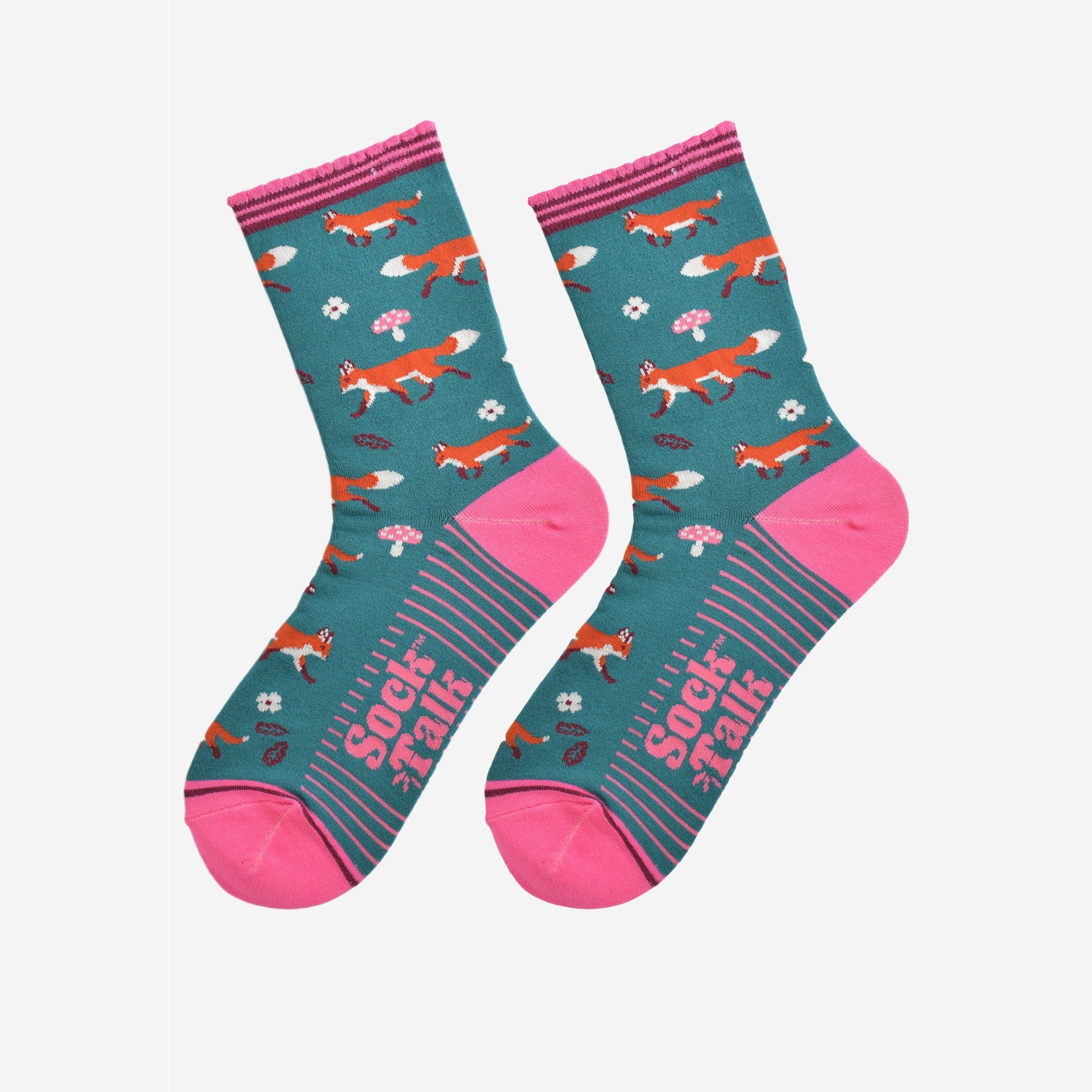 Women's Bamboo Socks - Green/Pink, Fox Woodland