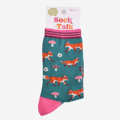 Women's Bamboo Socks - Green/Pink, Fox Woodland