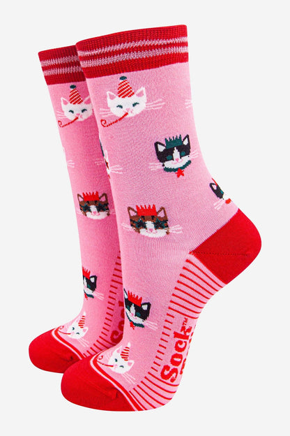 Sock Talk Women's Bamboo Socks - Hot Pink/Red, Party Cats