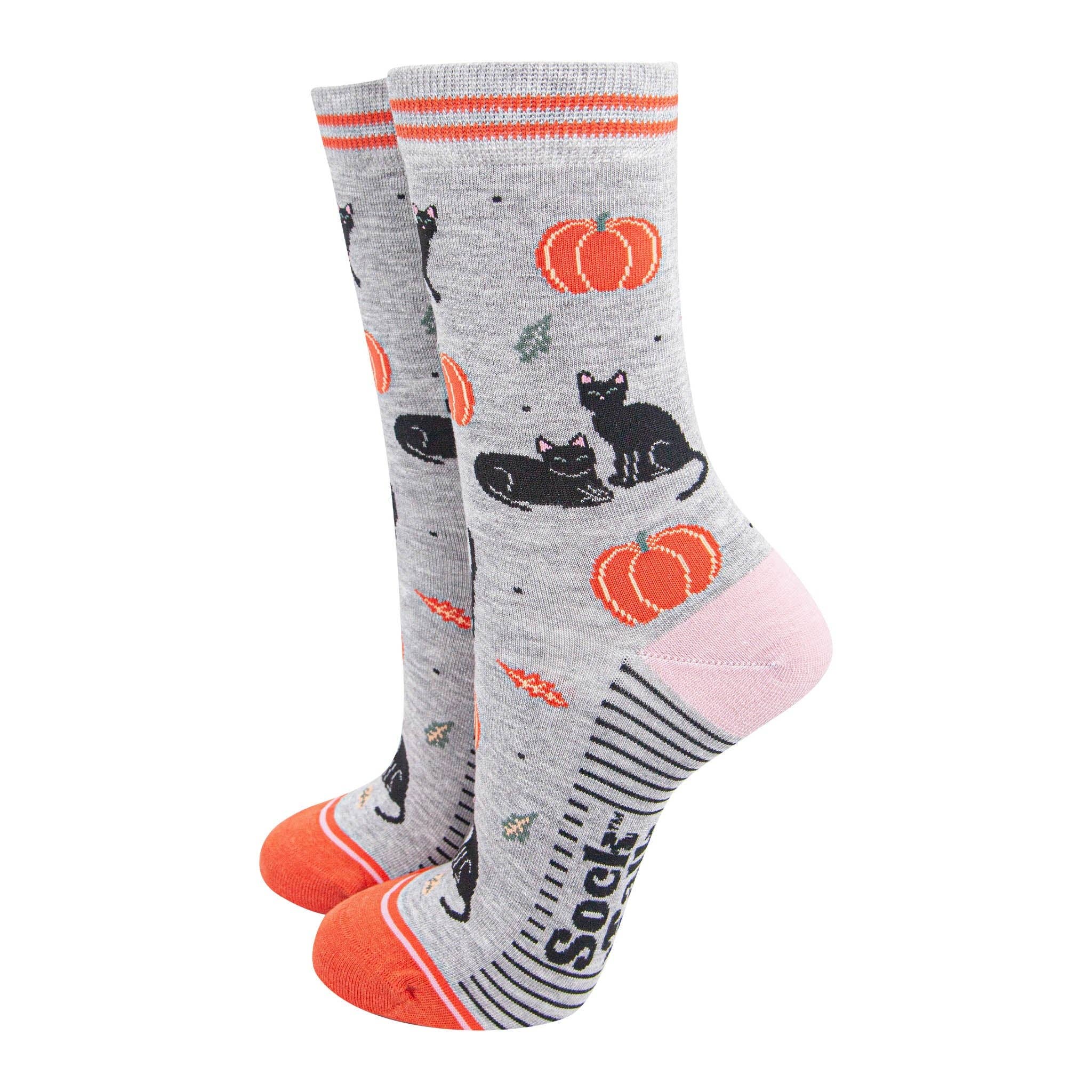Women's Bamboo Socks - Light Grey/Orange, Cats and Pumpkins