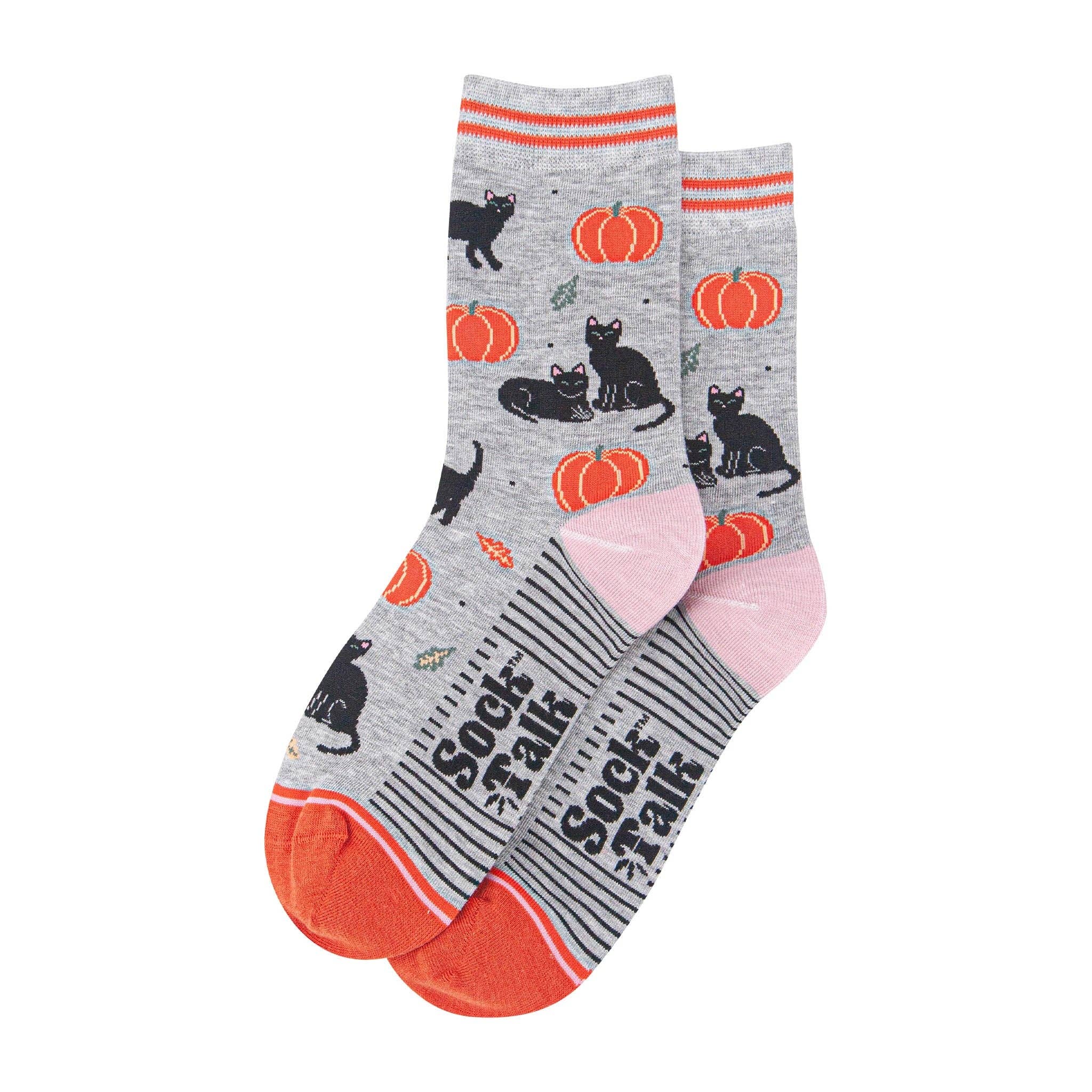 Women's Bamboo Socks - Light Grey/Orange, Cats and Pumpkins