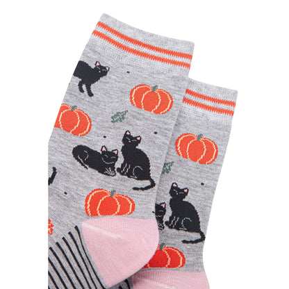 Women's Bamboo Socks - Light Grey/Orange, Cats and Pumpkins