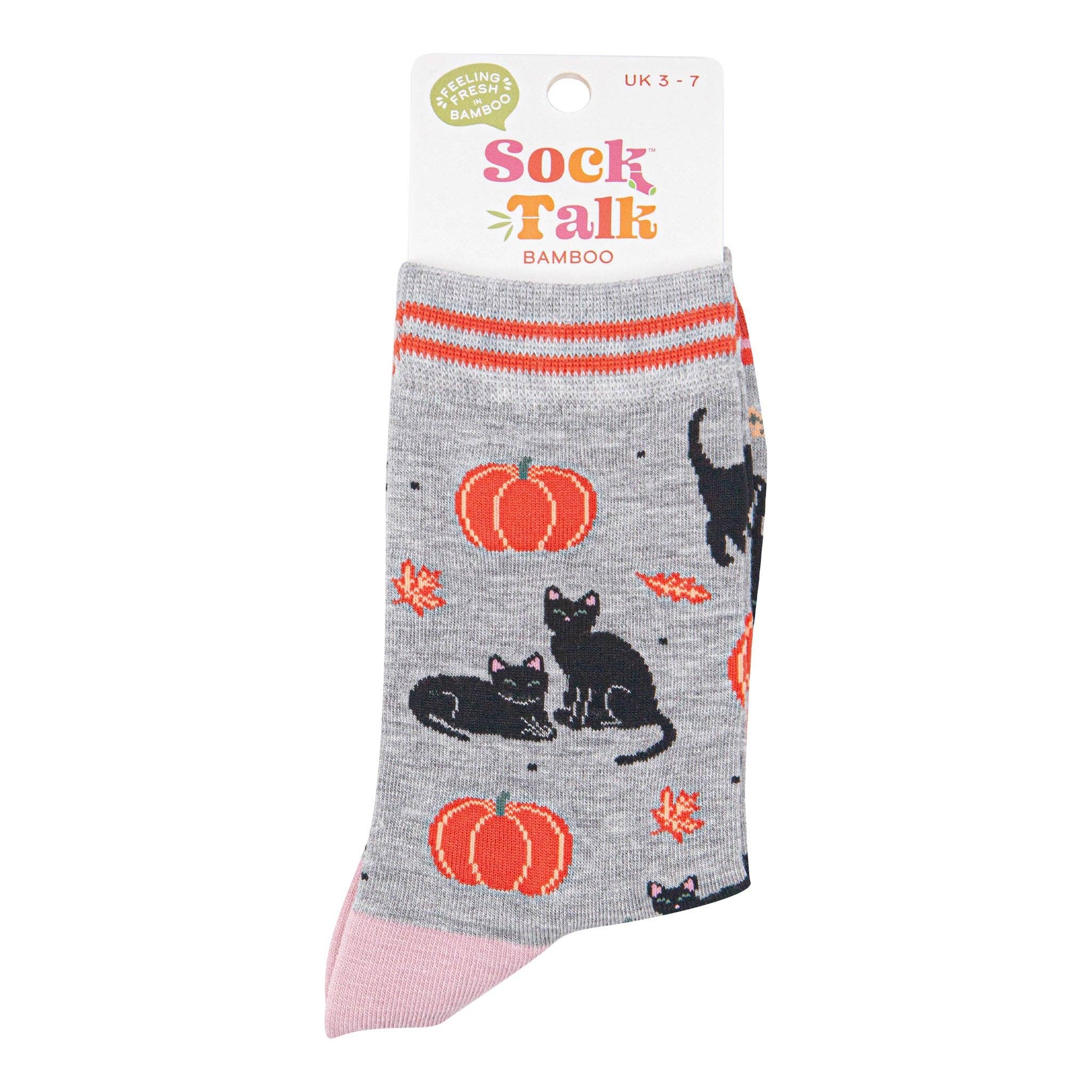 Women's Bamboo Socks - Light Grey/Orange, Cats and Pumpkins