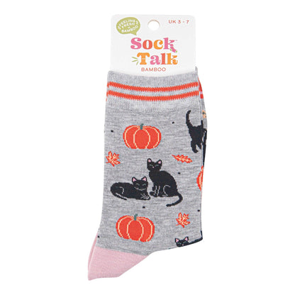 Women's Bamboo Socks - Light Grey/Orange, Cats and Pumpkins