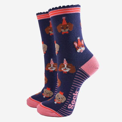 Sock Talk Women's Bamboo Socks - Navy Blue/Pink, Party Dogs